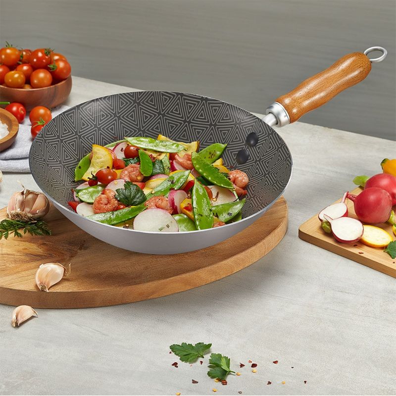 IMUSA Wok 35,6 Cm Aus Karbonstahl – Natürliches Finish, Mit Holzgriff, Für Alle Herdarten